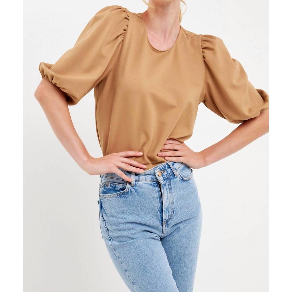NEW 2.7 AUGUST APPAREL macie ponte puff sleeve top in camel